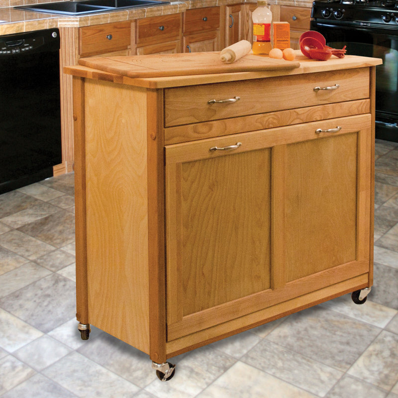Millwood Pines Triche Pull Out Trash Kitchen Island with Butcher Block